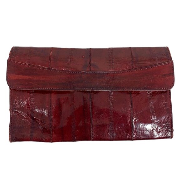 VTG Korean Genuine Eel Skin Trifold Wallet Checkbook Oxblood Red Magnetic Snap - Picture 1 of 11